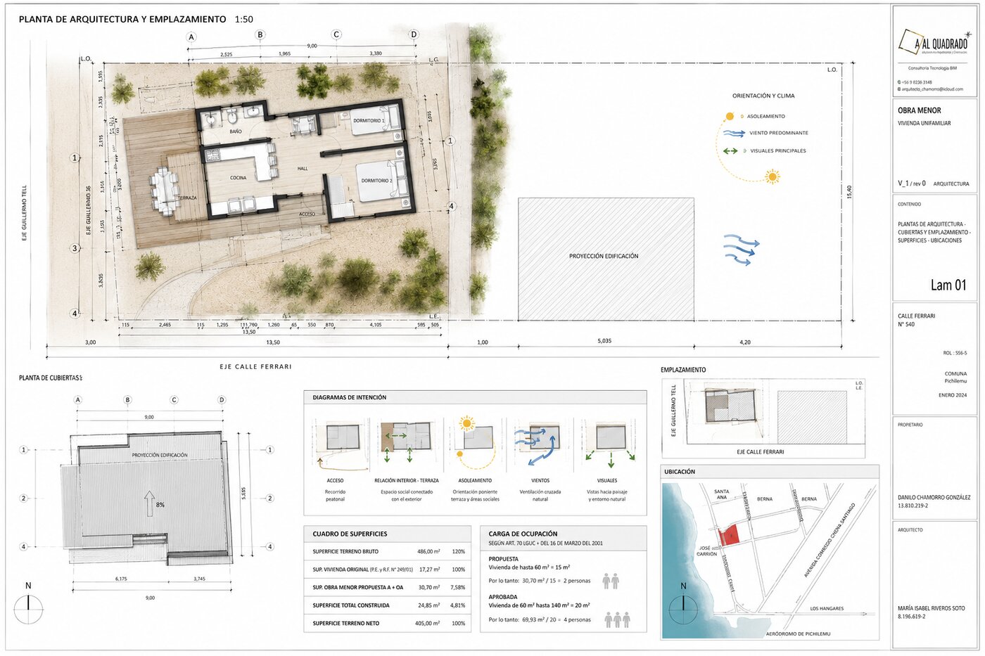 Lámina técnica de planta de arquitectura, proyecto Casa Playa Ferrari